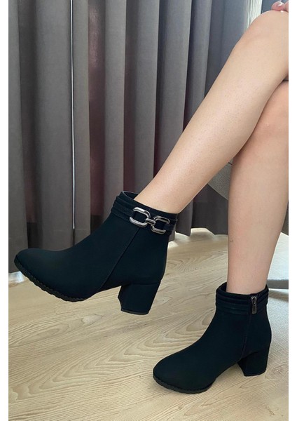 Kadın Hana Siyah Zümrüt Platin Tokalı ( 6 cm ) Topuklu Oval Burun Bot indirimleri