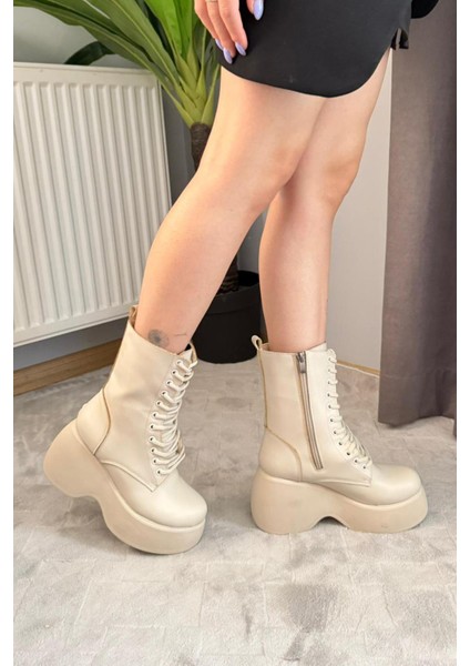 Kadın Riva Bej Cilt Yandan Fermuarlı Bağcıklı Yüksek Dolgu Topuklu Uzun Bot Bootie