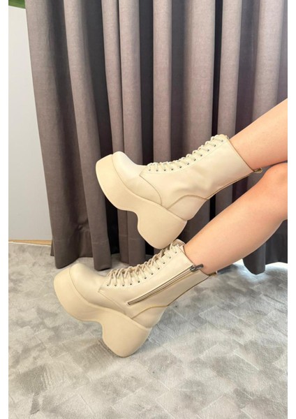 Kadın Riva Bej Cilt Yandan Fermuarlı Bağcıklı Yüksek Dolgu Topuklu Uzun Bot Bootie fırsatları