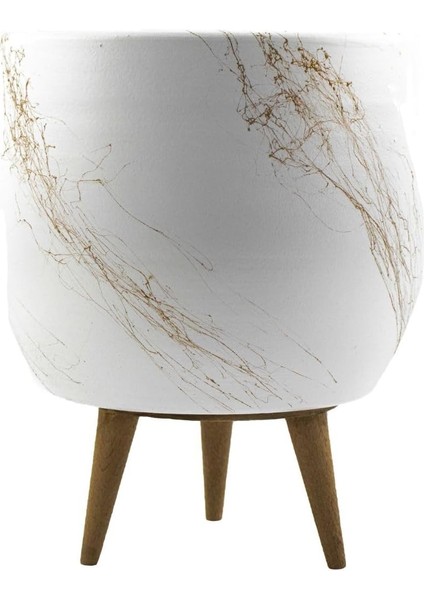 Tasarımı Ev Dekorasyon Aksesuar Beyaz Üzeri Mermer Efektli Toprak Saksı Saksılık Salon Çiçeklik 3 Ayaklı - 19 cm