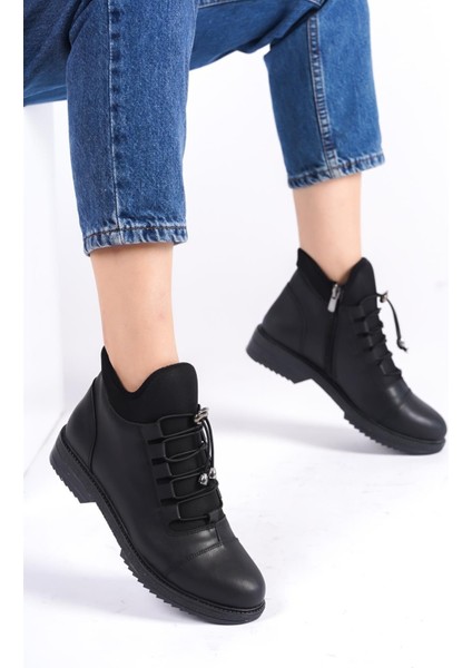 Kadın Cesi Siyah Streç ve Bağcık Tedaylı Bilek Boy Termo Taban Bot