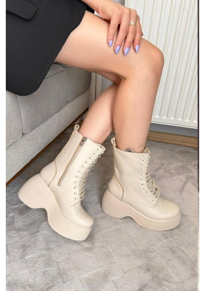 Kadın Riva Bej Cilt Yandan Fermuarlı Bağcıklı Yüksek Dolgu Topuklu Uzun Bot Bootie fiyatları