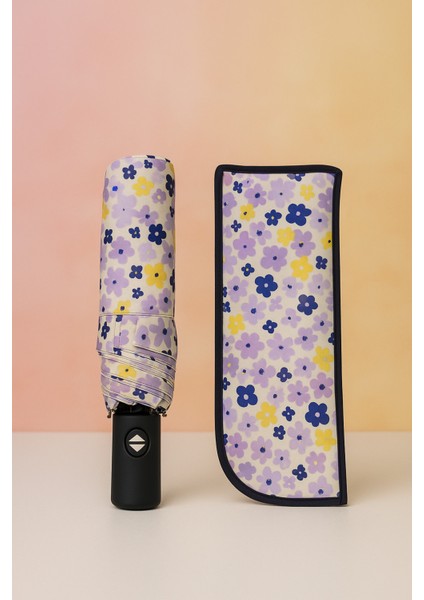 Renkli Çiçek Desenli Otomatik Kadın Şemsiye, Fiber Tel Kılıfıyla Şık ve Pratik