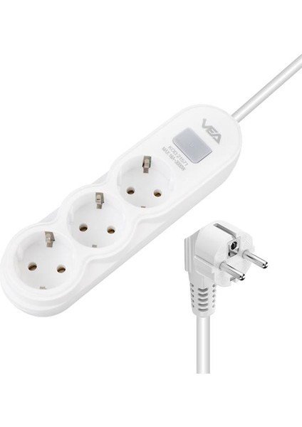Vea VA-21571 3'lü Anahtarlı 1.5 Metre Akım Korumalı Priz Beyaz