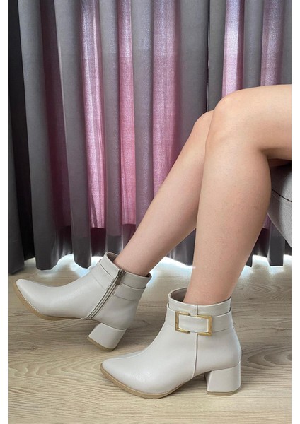 Kadın York Krem Cilt Kare Toka ( 6 cm ) Topuklu Sivri Burun Bot indirimleri