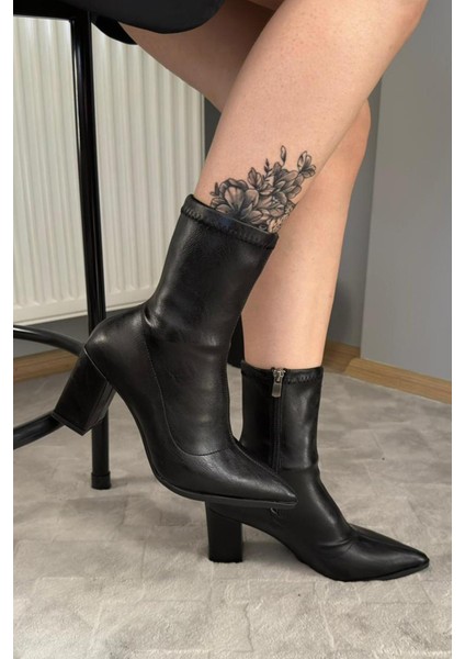 Kadın Volga Siyah Fermuarlı 8 cm Kalın Topuklu Strec Bot modelleri