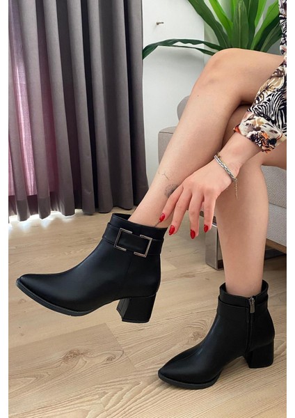 Kadın York Siyah Cilt Kara Toka ( 6 cm ) Topuklu Sivri Burun Bot fırsatları