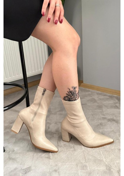 Kadın Volga Bej Fermuarlı 8 cm Kalın Topuklu Strec Bot indirimleri