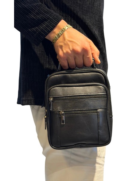 Erkek Hakiki Deri Dikey Siyah Orta Boy El Çantası