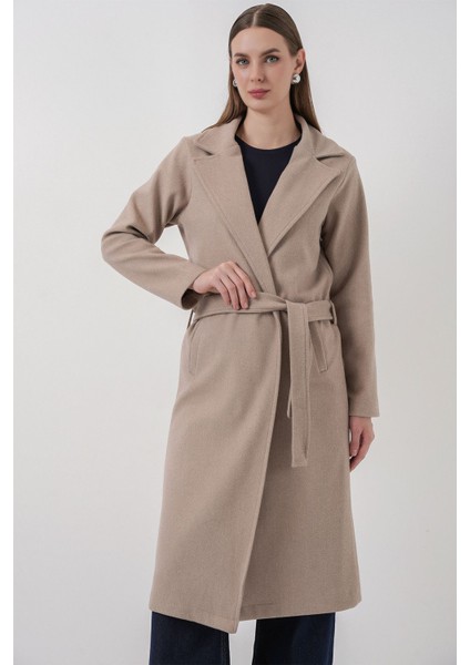 Kadın Bdart Kruvaze Yaka Kuşaklı Kaşe Ceket Bej Doğal