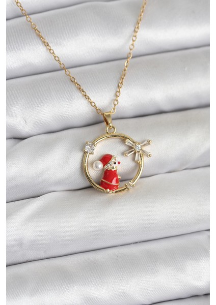 316L Çelik Zincir Gold Zirkon Taşlı Yılbaşı Tema Kadın Kolye