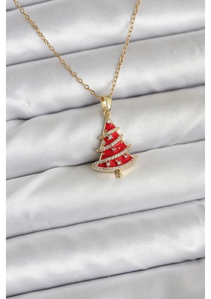 316L Çelik Zincir Gold Renk Kırmızı Çam Ağacı Model Yılbaşı Temalı Kadın Kolye