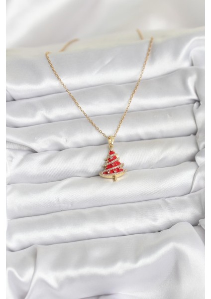 316L Çelik Zincir Gold Renk Kırmızı Çam Ağacı Model Yılbaşı Temalı Kadın Kolye fiyatları