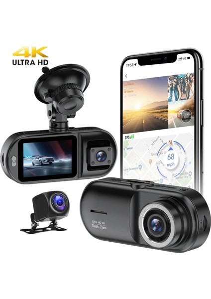Ultra Hd 4K -Gps Özelliği - Wifi Tlfn Uygulama - 3 Lens Kameralı 2.35 Inç Ekran Gece Görüşlü 170 Derece Geniş Açı G- Sensörü Park Sensörü Dvr Araç Kameras