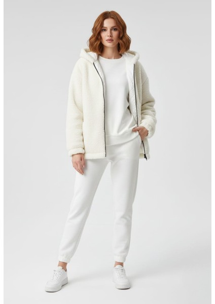 Kadın Kapşonlu Fermuarlı Peluş Mont Ceket