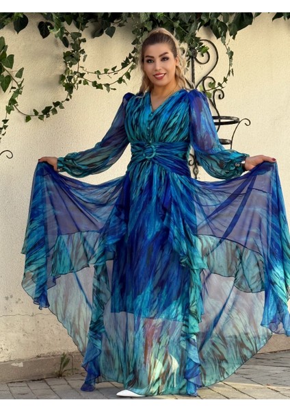 Abiye Elbise Kadın Giyim Mavi Kristal Şifon Abiye Elbise – Saten Astarlı Desenli Şık Gece