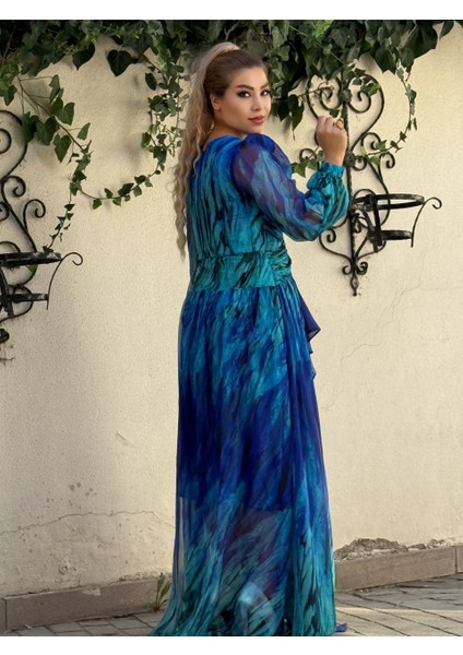 Abiye Elbise Kadın Giyim Mavi Kristal Şifon Abiye Elbise – Saten Astarlı Desenli Şık Gece fiyatları
