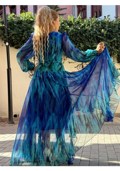 Abiye Elbise Kadın Giyim Mavi Kristal Şifon Abiye Elbise – Saten Astarlı Desenli Şık Gece modelleri