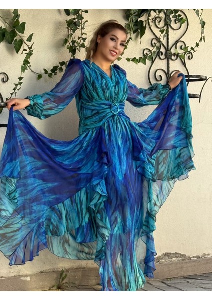 Abiye Elbise Kadın Giyim Mavi Kristal Şifon Abiye Elbise – Saten Astarlı Desenli Şık Gece fırsatları