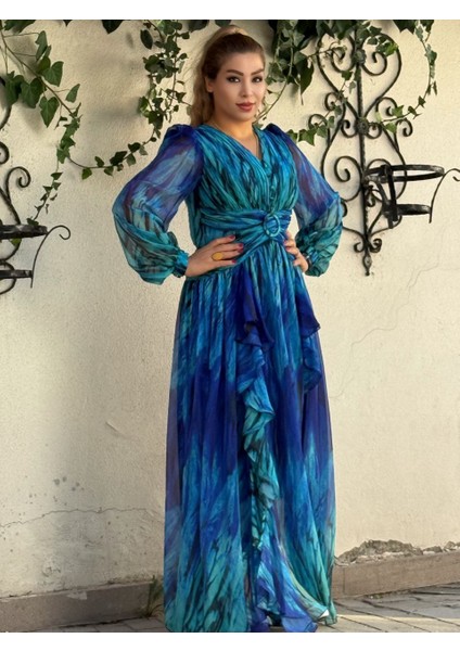 Abiye Elbise Kadın Giyim Mavi Kristal Şifon Abiye Elbise – Saten Astarlı Desenli Şık Gece indirimleri