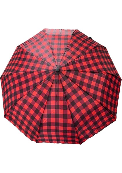Kırmızı Ekose Desenli Otomatik Kadın Şemsiye, Şık ve Kullanışlı Tasarım