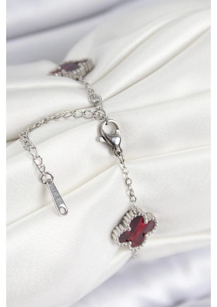 Bfs 316L Çelik Sedefli Kırmızı Gümüş Renk Yonca Kadın Bileklik fiyatları