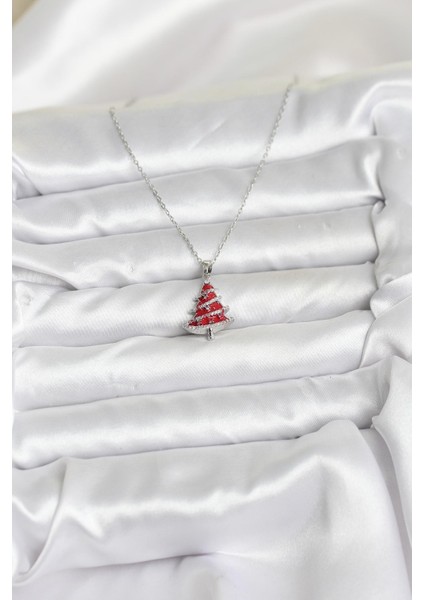 316L Çelik Zincir Gümüş Renk Kırmızı Çam Ağacı Model Yılbaşı Temalı Kadın Kolye fiyatları