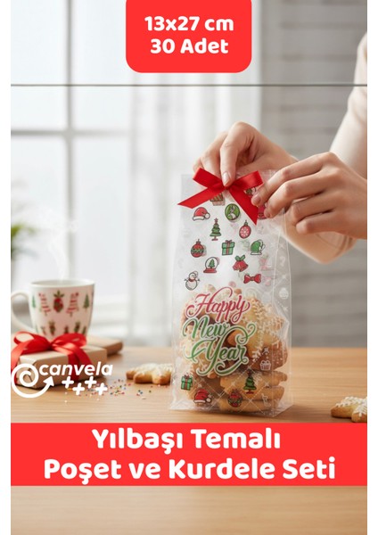 30 Adet Yılbaşı Temalı 13X27,5 cm Opp Yapışkansız Poşet ve Kurdele Seti