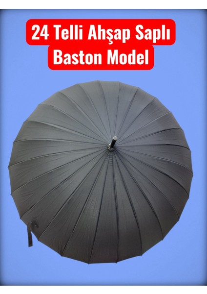 24 Telli Ahşap Saplı Dayanıklı Fiber Gövde Rüzgar Korumalı Şemsiye Siyah