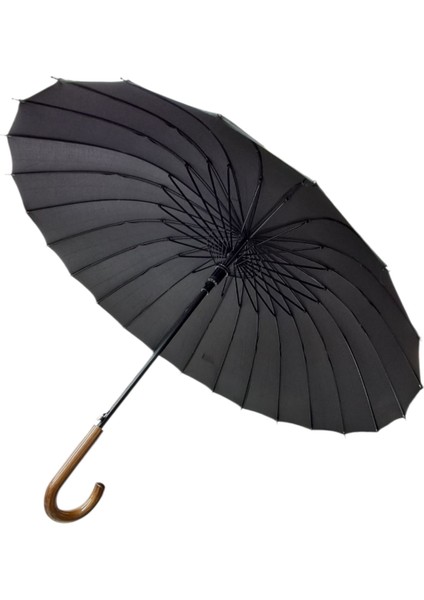 24 Telli Ahşap Saplı Dayanıklı Fiber Gövde Rüzgar Korumalı Şemsiye Siyah modelleri
