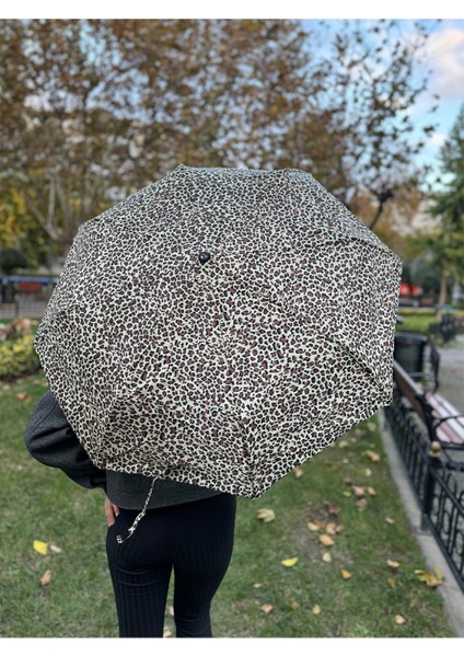 8 Telli Otomatik Leopar Desenli Rüzgar Dirençli Şemsiye Kahverengi