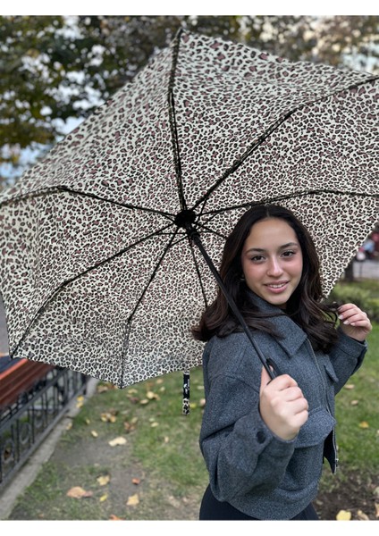 8 Telli Otomatik Leopar Desenli Rüzgar Dirençli Şemsiye Kahverengi fiyatları