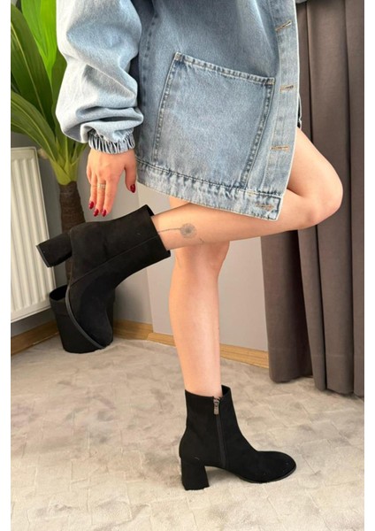 Kadın Marta Siyah Süet 6 cm Kalın Topuklu Yumurta Burun Fermuarlı Bot fırsatları