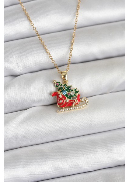 316L Çelik Zincir Gold Renk Kızak ve Çam Ağacı Figürlü Yılbaşı Temalı Kadın Kolye