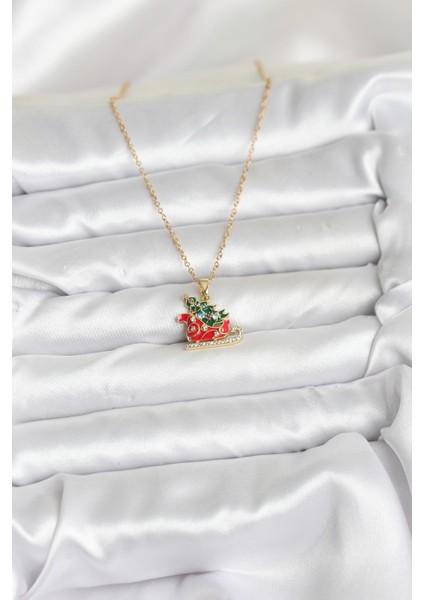 316L Çelik Zincir Gold Renk Kızak ve Çam Ağacı Figürlü Yılbaşı Temalı Kadın Kolye fiyatları