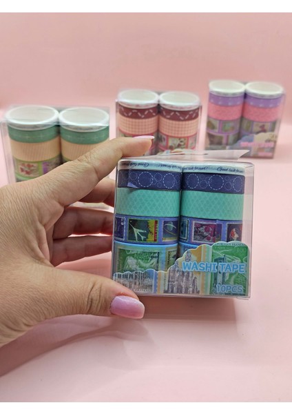Vintage Washi Tape Bant Baskılı Yapışkanlı Maskeleme Kağıdı Desenli Bant 10'lu - Mavi Pul Mektup