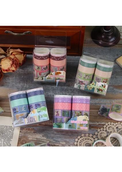 Vintage Washi Tape Bant Baskılı Yapışkanlı Maskeleme Kağıdı Desenli Bant 10'lu - Mavi Pul Mektup fırsatları