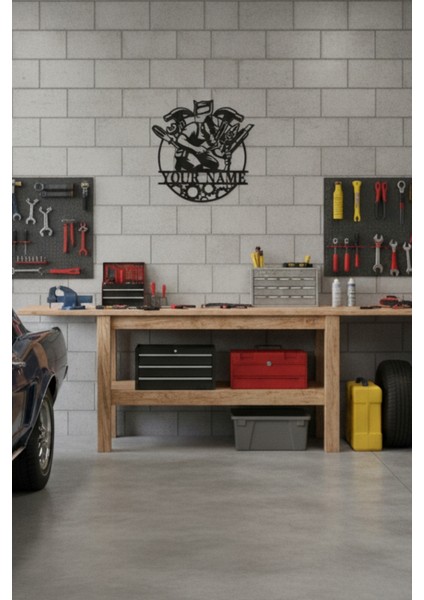 Kişiye Özel Isimli Tamirhane Atölye Tablosu Metal Duvar Dekoru 45X44 / 60X59 cm