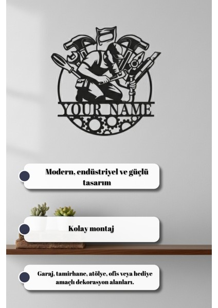 Kişiye Özel Isimli Tamirhane Atölye Tablosu Metal Duvar Dekoru 45X44 / 60X59 cm indirimleri