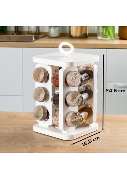 1082 Kare Prizma Döner Standlı Döner Kapaklı 12&apos;li Cam Baharatlık-Düzenleyici Organizer-Beyaz Cappuccino