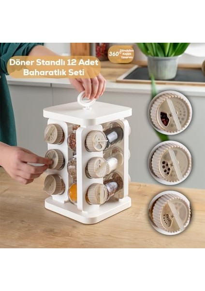 1082 Kare Prizma Döner Standlı Döner Kapaklı 12&apos;li Cam Baharatlık-Düzenleyici Organizer-Beyaz Cappuccino fiyatları