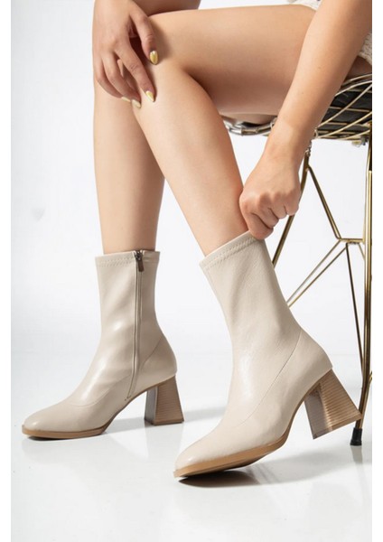 Kadın Marina Krem Bot 7 cm Kalın Topuklu Streç Boots