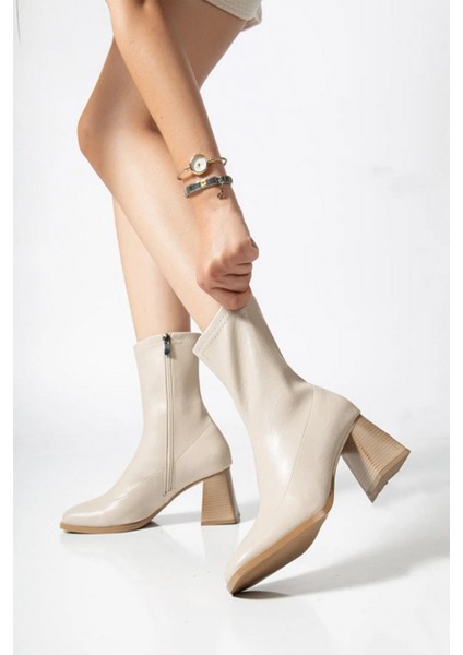 Kadın Marina Krem Bot 7 cm Kalın Topuklu Streç Boots modelleri
