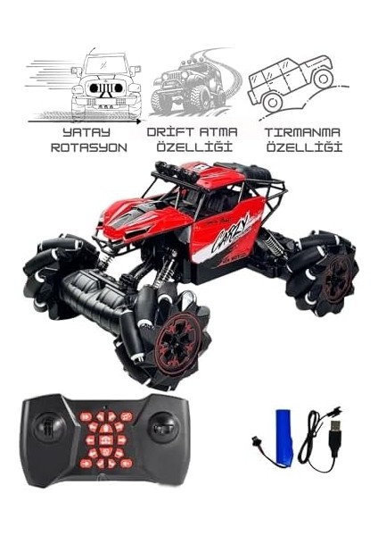 Oyuncak 2.4 Uzaktan Kumandalı 4x4 Full Fonksiyon Drif Atabilen Şarjlı Off Road Arazi Arabası Mavi- Kırmızı (Kırmızı)