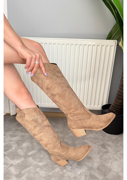 Kadın Jasire Bej Süet Nakışlı Western Kovboy Cowgirl Bot Çizme
