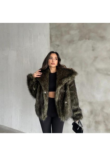 Kadın Kılçıllı Suni Kürk Çıt Çıt ve Cep Detaylı Mont