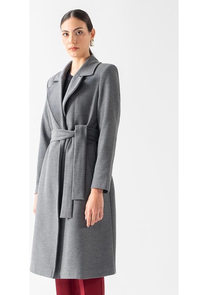 Pivetti Yakası Kürklü Kuşaklı Kaban Gri fiyatları