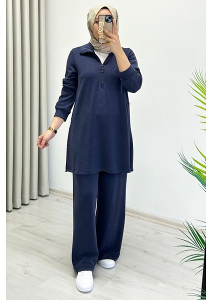 Noshe Modal Kumaş Yarım Fermuar Detaylı Dökümlü Yumuşacık Tesettür Ikili Takım