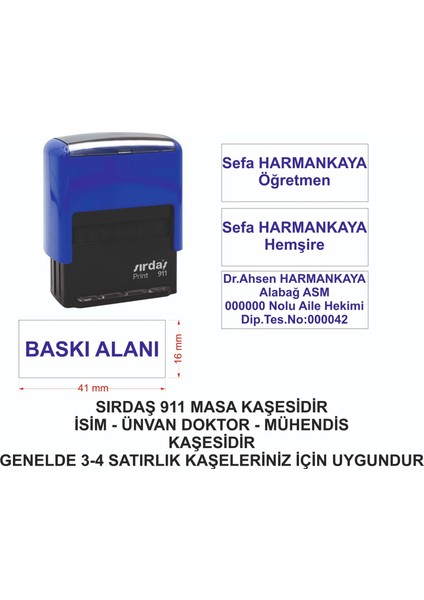 Kişiye Özel 911 Isim Ünvan Kaşesi Mavi Makine Mavi Mürekkep