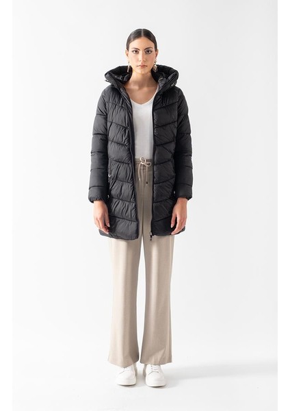 Primillo Nordic Uzun Kapüşonlu Şişme Mont Siyah